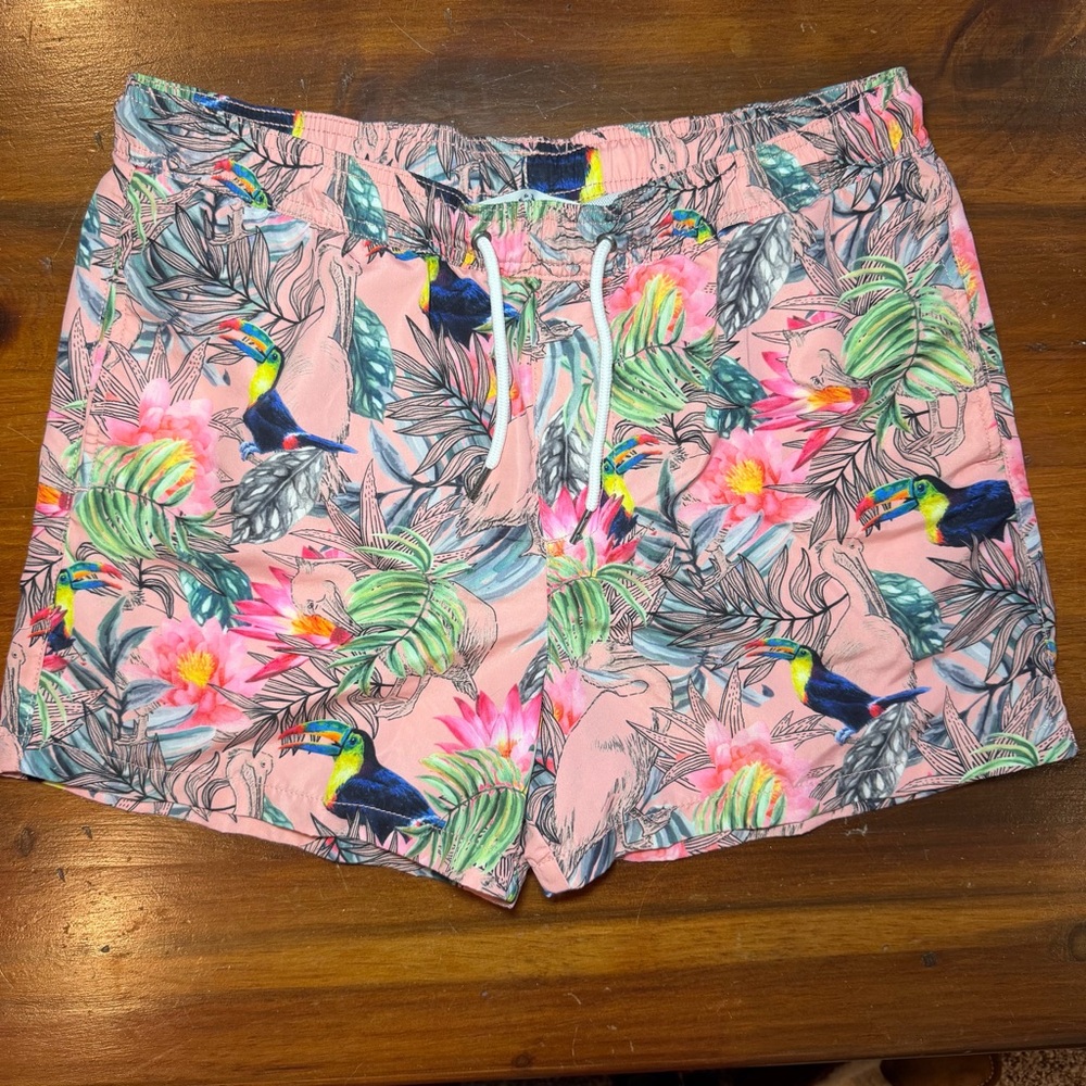 Jack & Jones Pink Tropical Patterned Swim Shorts Toucan Vacay Fun Party Shorty